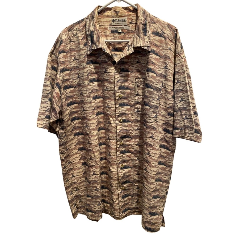 Columbia Fish Print Shirt XL Mens Tan Brown Short Sleeve Button‎ Down Cotton - Picture 2 of 6